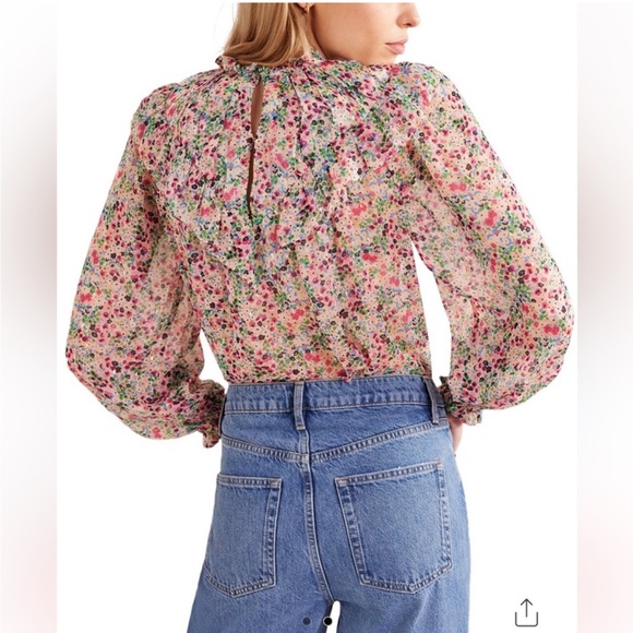 Boden High Neck Long sleeve flounce blouse V-yoke Ivory Gardenia Petal Size 10 - Picture 6 of 10